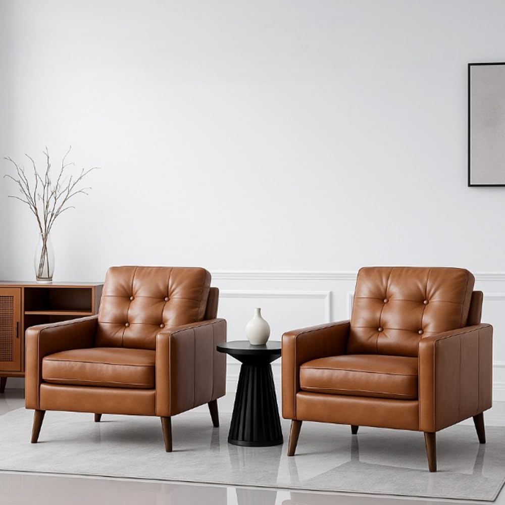 Wahson Accent Chairs Set of 2, Faux Leather Tufted Single Sofa, Brown Oversized Club Chair, Mid Century Modern Armchair with Wood Legs for Reading/Living Room/Bedroom