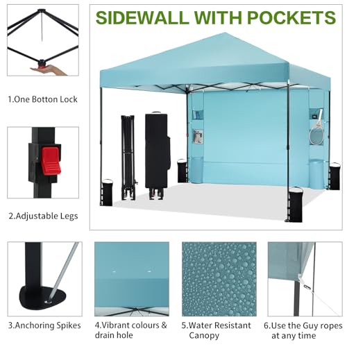 Tunbne 10'x10' Pop Up Canopy Tent with 1 Sidewall and 6 Pockets, One Push Setup, Instant Shade Tent with Vented Roof for B...