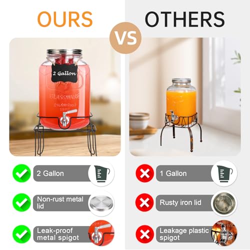 2 Gallon Glass Drink Dispenser For Parties,Beverage Dispenser with Stand,Lemonade Dispenser with 304 Stainless Steel Spigo...