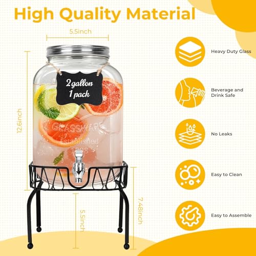 DHSBTLS 2 Gallon Glass Drink Dispensers, 1 Pack Clear Beverage Dispenser for Party, BBQ and Picnic, Juice Dispenser with I...