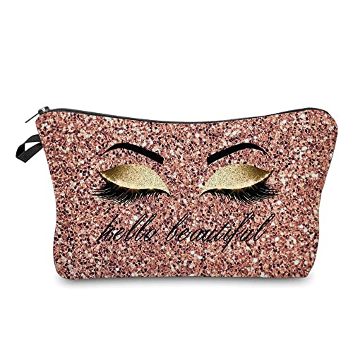Hello Beautiful Makeup Bag for Purse Eyelash Pink Cosmetic Bags for Women Inspirational Gift Small Funny Cosmetics Glitter...