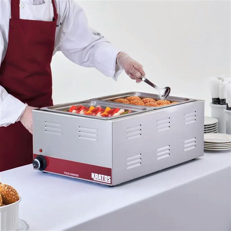 Kratos Commercial Electric Countertop Food Warmer with Two Half Size Hotel Pans and Slotted Lids, 120V, 1200 Watts, Stainless Steel Portable Food Warmer with Pans