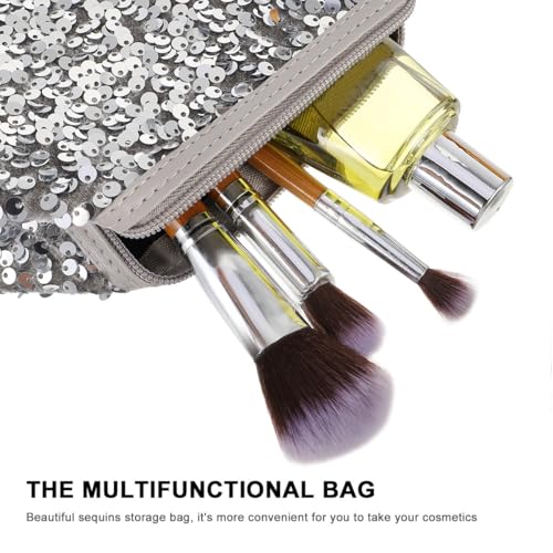 VALICLUD Sequin Makeup Bag Silver Glitter Cosmetic Pouch Large Capacity Travel Organizer with Zipper for Women and Girls