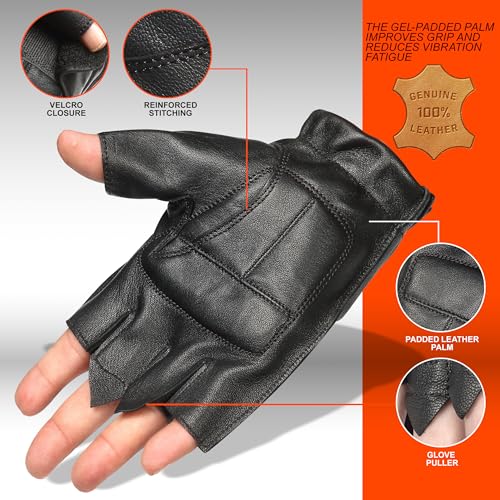 MC Gear Premium Leather Motorcycle Gloves for Men Fingerless Biker Gloves with Gel Palm and Wrist Strap