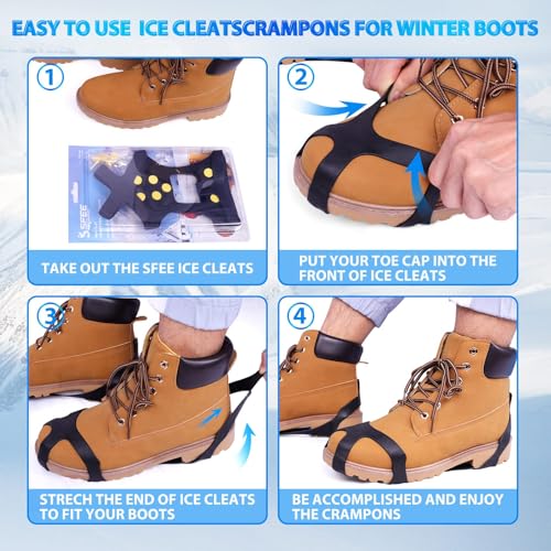Ice Cleats for Boots & Shoes - Anti-Slip Rubber Traction Cleats for Walking, Hiking & Climbing - 10 Steel Studs Crampons f...