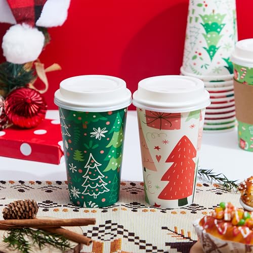 JOYIN 48 Pcs Merry Christmas Disposable Cups with Sleeves and Lids, 8 Designs Xmas Drinkware 16 oz Paper Cup For Hot Choco...