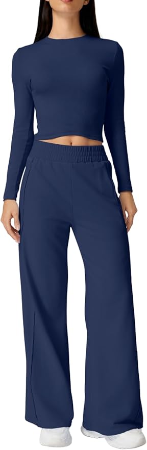QINSEN Womens 2 Piece Sets Long Sleeve Slim Fit Crop Tops Wide Leg Pants Matching Lounge Set
