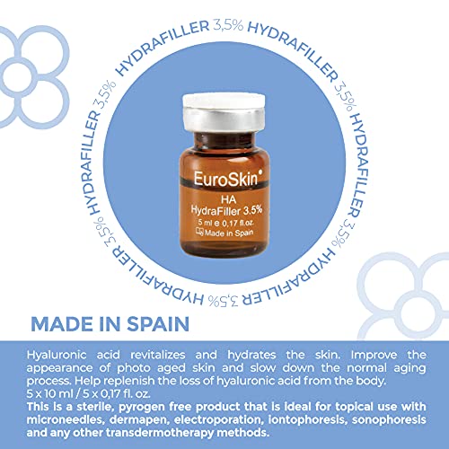 EuroSkin Hydra line hyaluronic acid. Hydrafiller 3.5%. Hyaluronic acid revitalizes and hydrates the skin. Aestheticians' favorite serum. 5 vials x 10 ml / 5 vials x 0,17 fl. oz.