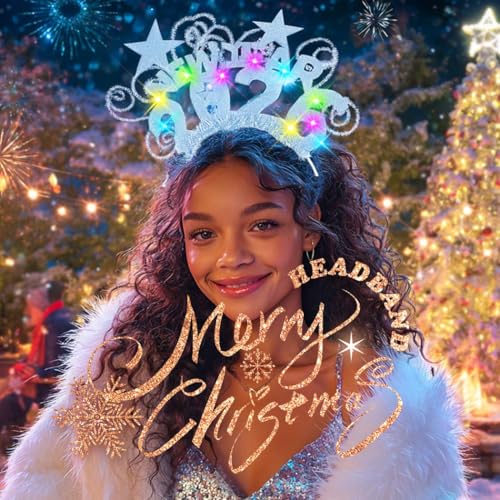 EARENT 2026 Happy New Year Silver Light Up Headband LED Star Hair Hand Flashing New Years Eve Celebration Hair Accessorie