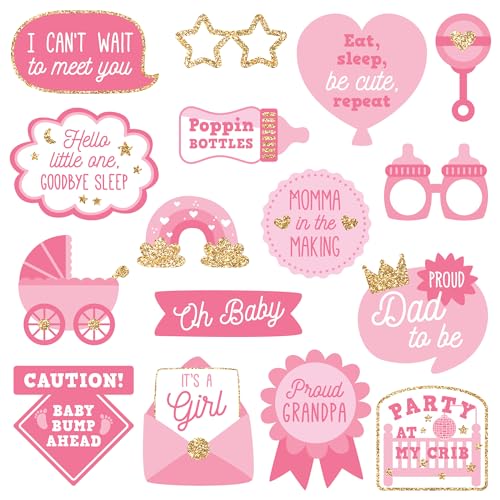 Fully Assembled Baby Shower Photo Booth Props - Set of 30 - Girl Baby Shower Selfie Signs - Pink Party Supplies & Decorati...