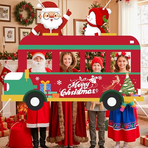 Christmas Bus Photo Booth Prop Merry Christmas Party Decorations Xmas Photography Background Backdrop Door Banner for Kids...