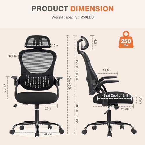 Sweetcrispy Office Computer Desk Chair, Ergonomic High-Back Mesh Rolling Work Chairs with Wheels and Adjustable Headrests,...