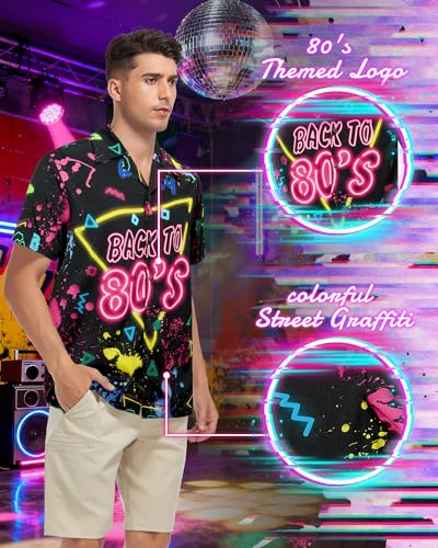 Zando 90s 80s Outfit for Men - Funny Retro Short Sleeve Button Down Hawaiian Shirt for Disco & Themed Party & Beach