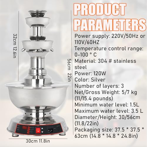 3-Tier Wine Fountain Machine - 3.5L Electric Stainless Steel Beverage Dispenser with 0-100℃ Temperature Adjustment, Suitab...