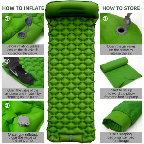 Inflatable Sleeping Pad with Pillow for Camping-Built in Foot Pump Fast Inflation-Ultralight Upgraded Durable Compact Slee...