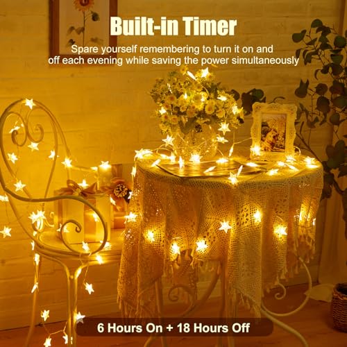 Minetom Star String Lights Battery Operated - 17 ft 50 LED Star Fairy String Lights with Timer, Waterproof for Indoor Bedr...