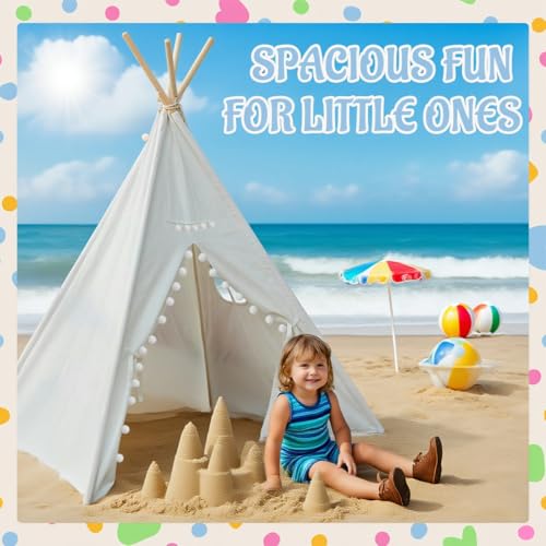 4 PCS Teepee Tent for Kids,Washable Tapered Kids Teepee Tent,Bohemian Teepee Tents,White Collapsible Sleepover Tents,for B...