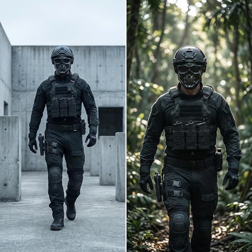 Tactical Airsoft Helmet with Full Face Mask, Black Military Style Paintball Protection Gear, Detachable Goggles, NVG Moun...