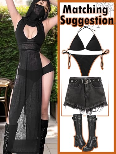 Mingnos Women Goth Rave Dress Sexy Cosplay Costume Cutout High Slit Sheer Festival Outfits Night Out Dresses