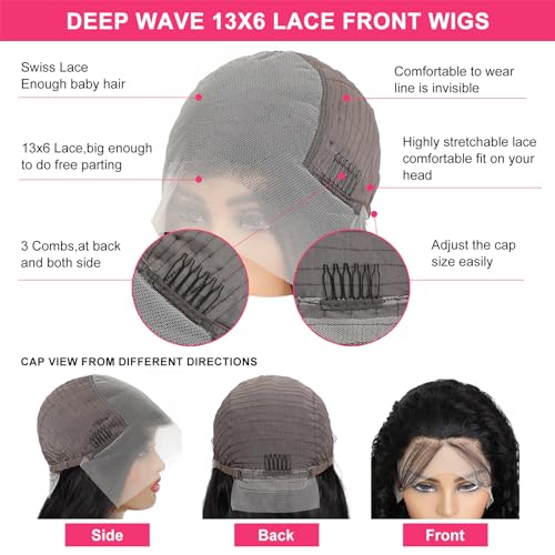 Deep Wave Lace Front Wigs Human Hair 13x6 HD Transparent Deep Curly Lace Frontal Wigs Human Hair 180% Density Glueless Wigs Natural Color 22 Inch