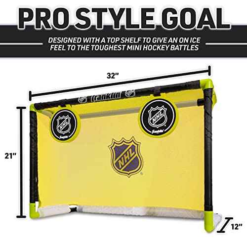 Franklin Sports Mini Hockey Goal Set - Indoor Knee Hockey Goal + (2) Shinny Hockey Sticks - (2) Mini Foam Hockey Balls + Pop Out Shooting Targets - All Star, Yellow, 32" X 21" X 12"