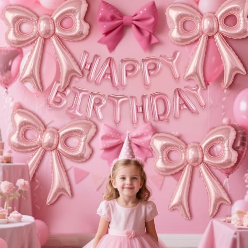 Pink Happy Birthday Balloons, 31”Huge Pink Bow Aluminum Foil Balloons for Girl Woman Birthday, Princess, Coquette Party De...