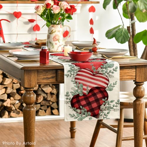 Artoid Mode Eucalyptus Hearts Valentine's Day Table Runner, Holiday Kitchen Dining Table Decoration for Home Party Indoor ...