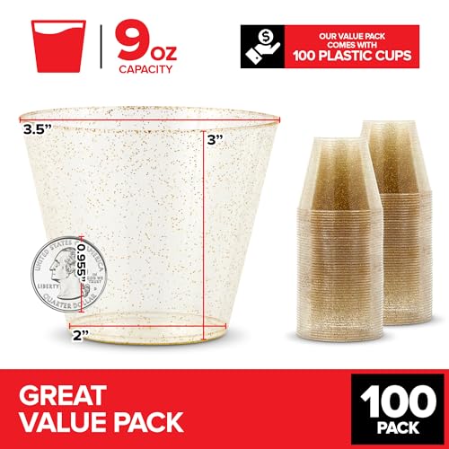 Stock Your Home 9oz Gold Glitter Plastic Cups (100 Pack), Elegant Party Cups for Birthday Parties, Weddings, and Holidays,...