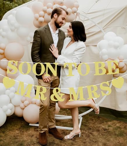 Pre-strung Soon to Be Mr & Mrs Banner - Gold Glitter Bridal Shower Decorations for Wedding, Engagement or Bachelorette Par...