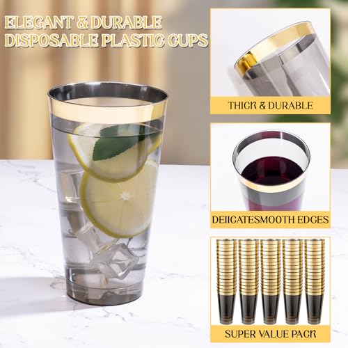 LIYH 100 Pcs Gold Plastic Cups - 16 OZ Clear Black and Gold Rim Plastic Wine Cups Big Size Fancy Disposable Wine Glasses P...