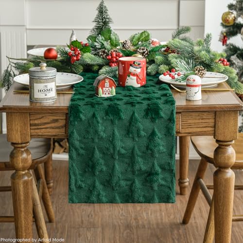 Artoid Mode Christmas Trees Green Soft Plush Faux Fur Jacquard Christmas Table Runner, Holiday Kitchen Dining Table Decora...