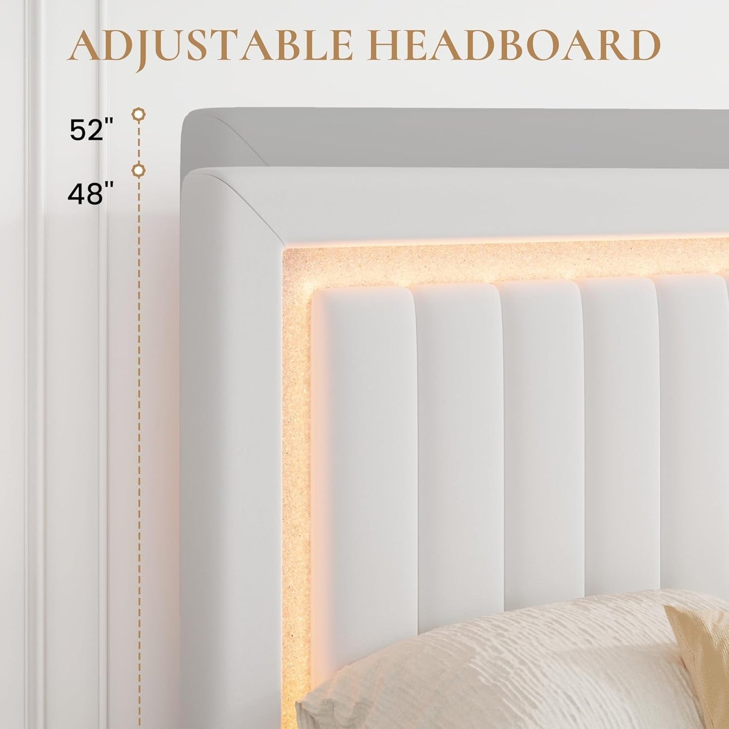 Queen Size Velvet Bed Frame with LED Light, Adjustable Vertical Channel Tufted Headboard, Strong Wooden Slats Support, Noise-Free, No Box Spring Needed, White