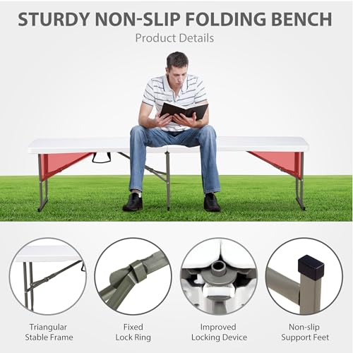 Candockway 6ft Plastic Folding Bench with Carrying Handle & Lock, Portable Outdoor Bench in Garden Picnic Camping Dining P...