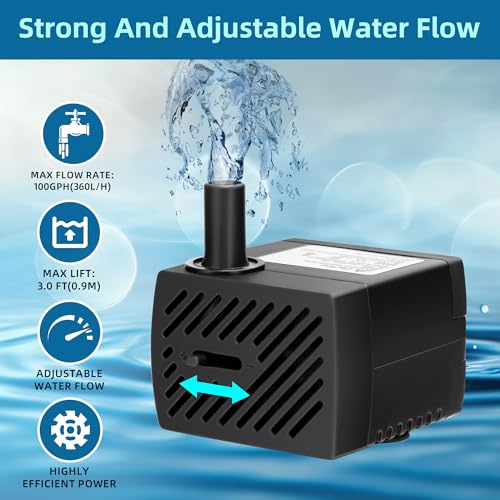 DaToo Mini Submersible Fountain Water Pump With LED Light 95GPH 5W Small Ultra Quiet Water Pump With Tubing For Aquarium F...
