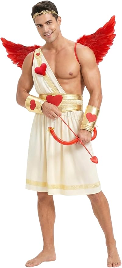 Boveco 6PCS Adult Cupid Costume for Men Valentines Day Cupid Costume with Wings, Bow & Arrow Fun Outfit for Party Cosplay