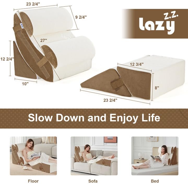 Lazyzizi 6pcs Orthopedic Bed Wedge Pillow Set, Memory Foam Wedge Pillow for Sleeping, Knee, Lumbar and Back Pain Relief Adjustable Bed Pillow - Acid Reflux, Anti Snoring & GERD Sleeping, Brown