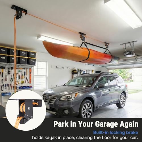 RoakyRoasy Kayak Hoist for Garage Ceiling with Metal Pulley System Holds 150 lbs, 5.5" Low-Profile Canoe Storage Lift, Par...