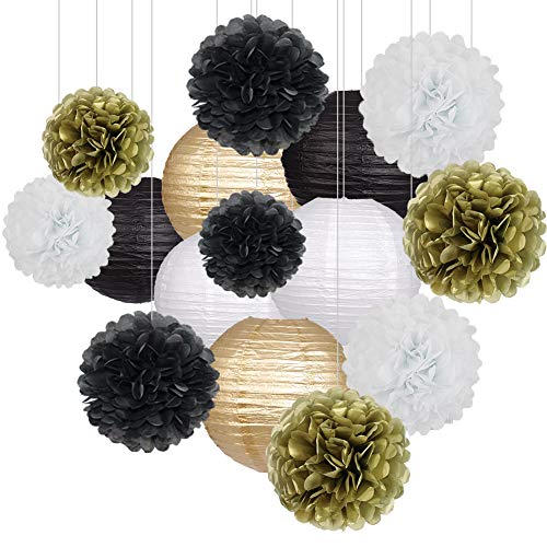 zilue Black Gold Party Decorations, Black Gold Paper Lanterns and Pom Poms Flowers for Birthday Graduation Masquerade New ...