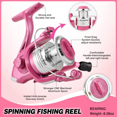 Fishing Rod and Reel Combos, Fishing Gear Gifts for Women with Spinning Reel, Lures, Line, Pink Ladies Telescopic Pole Kit...