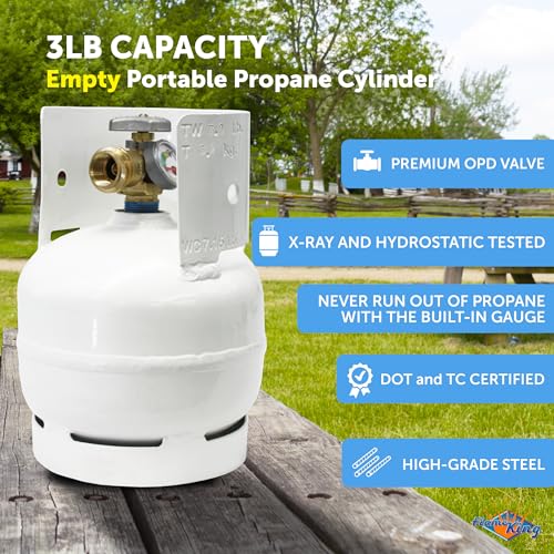 Flame King 3LB Empty Steel Propane Tank Cylinder with Gauge and OPD Valves for Grills and BBQs, Camping, Fishing, & Outdoo...