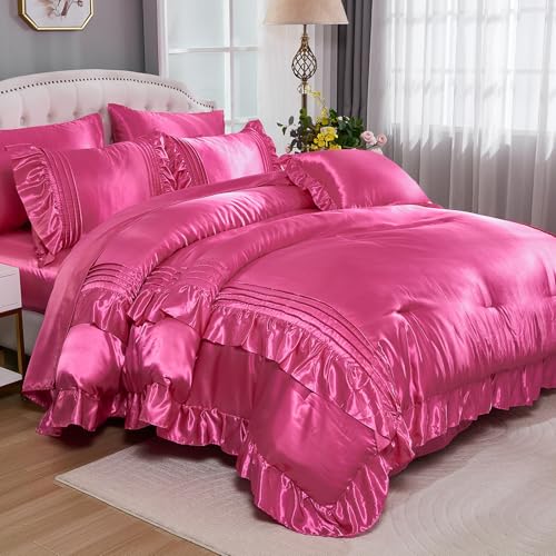 Satin Comforter Set 8 Pieces King Comforter with Sheets Hot Pink Satin Bed Set Luxury Bedding Bed in a Bag 1 Comforter 4 Pillowcasas 1 Flat Sheet 1 Fitted Sheet 1 Cushion Cover