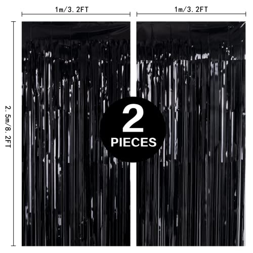 2 Pack 3.2ft x 8.2ft Black Tinsel Foil Fringe Curtains, Metallic Foil Tinsel Photo Booth Backdrop Streamer for New Years D...