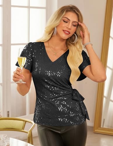 GRACE KARIN Womens Sequin Tops 2025 Ruffle Sleeve Sparkly Shirt, Glitter Party Blouses Dressy Concert Disco Outfits