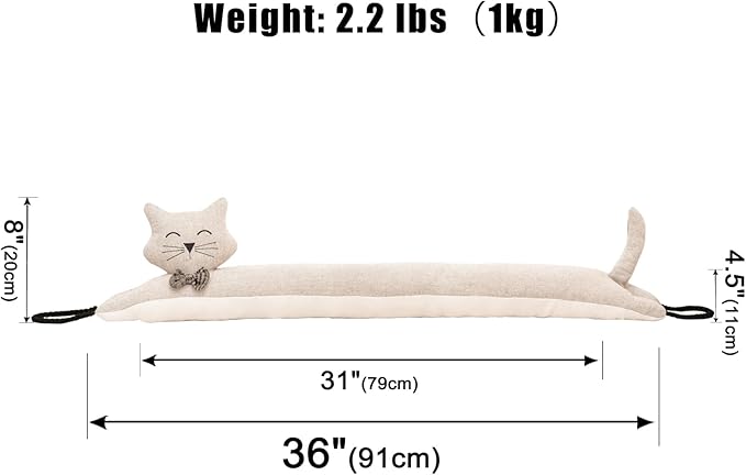 Marwood Under Door Draft Stopper Decorative Wind Stopper 36 inch for Door & Window, Weighted Animal Air Draft Stopper Snake Noise Blocker for Bottom of Door with Hanging Loops -Khaki Cat