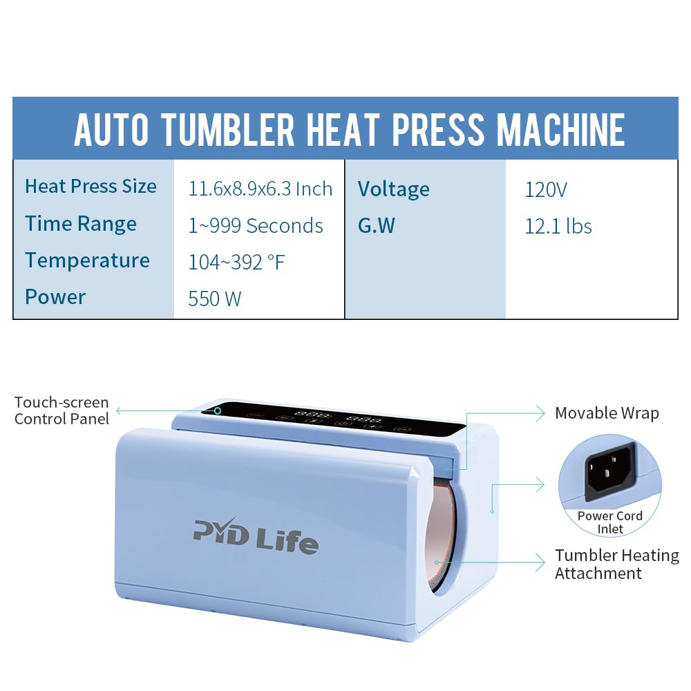PYD Life 120 V Auto Tumbler Heat Press Machine 30 OZ 20 OZ Mug Heat Press Touch Screen Light Blue for 10-30 OZ Sublimation Straight Tumblers Cups Mugs Bottles Printing