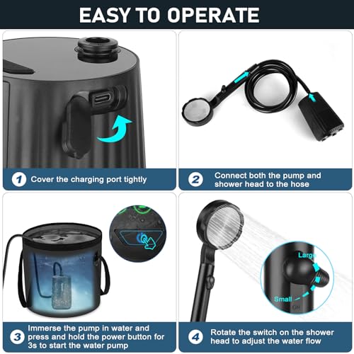 Portable Shower for Camping Essentials: 10000mAh Battery Powered Shower Rechargeable, IPX8 Waterproof Outdoor Shower, 5-Sp...