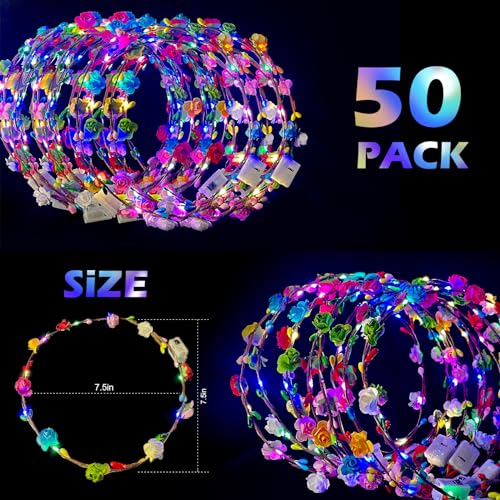 QSJQllo 50 Pcs LED Flower Crowns Headbands,Flower Crowns For Women,Mardi Gras Light Up Headbands Tiara Flower Crown Access...