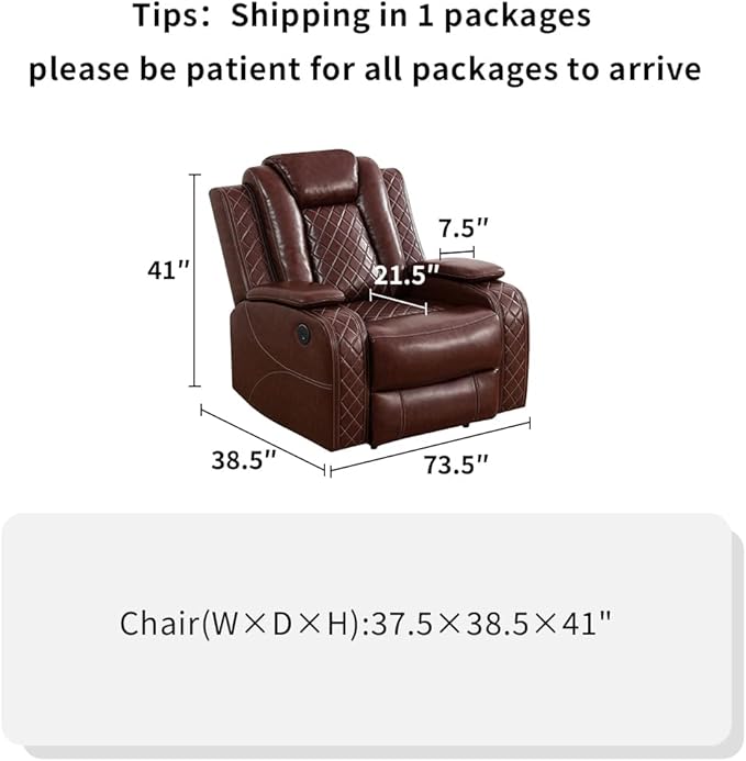 Toseslo Power Leather Recliner Chair Set with LED Light, Brown Leather Reclining Set, Living Room Furniture Sets, Modern Power Recliner Sets for Living Room/RV/Apartment