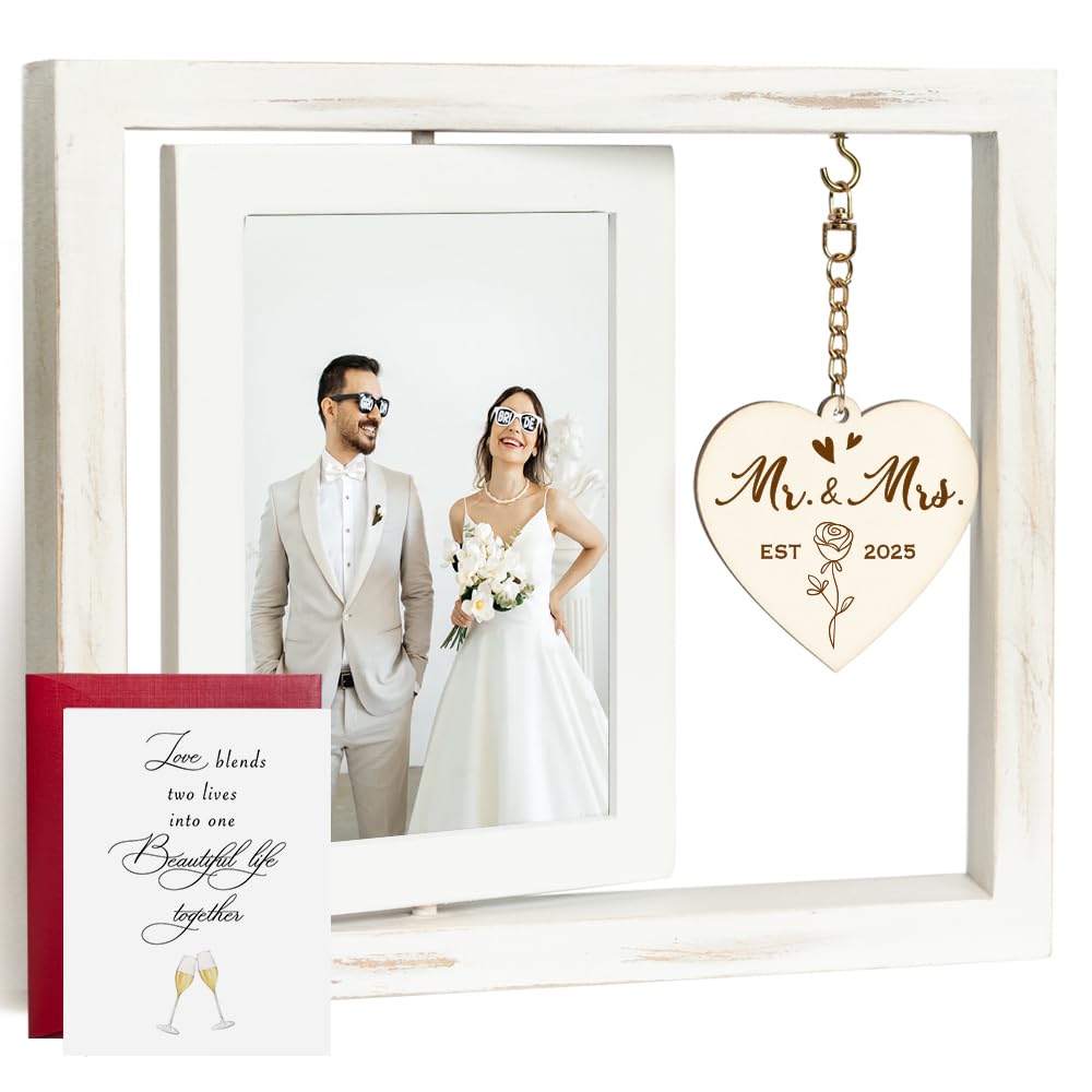 TiTkaiVi Rotating Wedding EST 2025 Picture Frame 4x6, Mr & Mrs Gifts, Bridal Shower & Engagement Gifts for Couples & Newlyweds