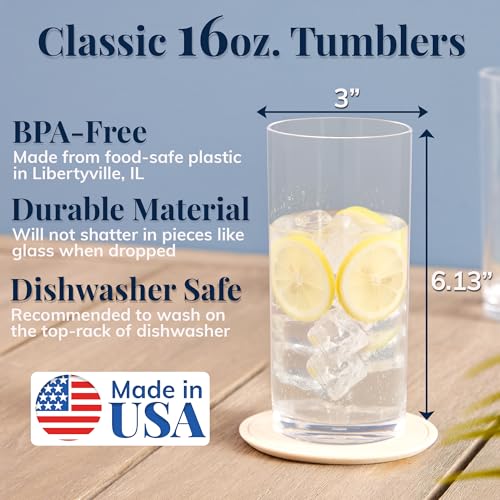 US Acrylic Classic Clear Plastic Reusable Drinking Glasses (Set of 6) 16oz Water Cups | BPA-Free Tumblers, Made in USA | T...